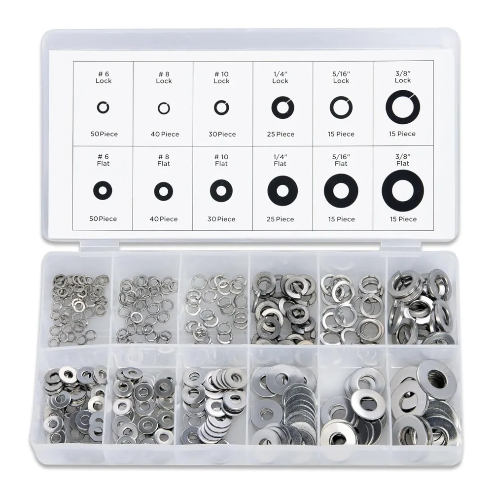 350Piece Stainless Steel Locking Rings Flat Washer Assortment Spring Lock Rings Flat Plain Washers for Sump Plugs Oil Fasteners