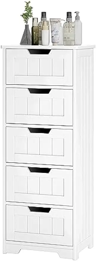 Cabinet with 5 Drawers, 11.8' x 15.7' x 40.1', Wooden Storage with Cut-Out Handles, Side Tall Cabinet for Bathroom, Living Room