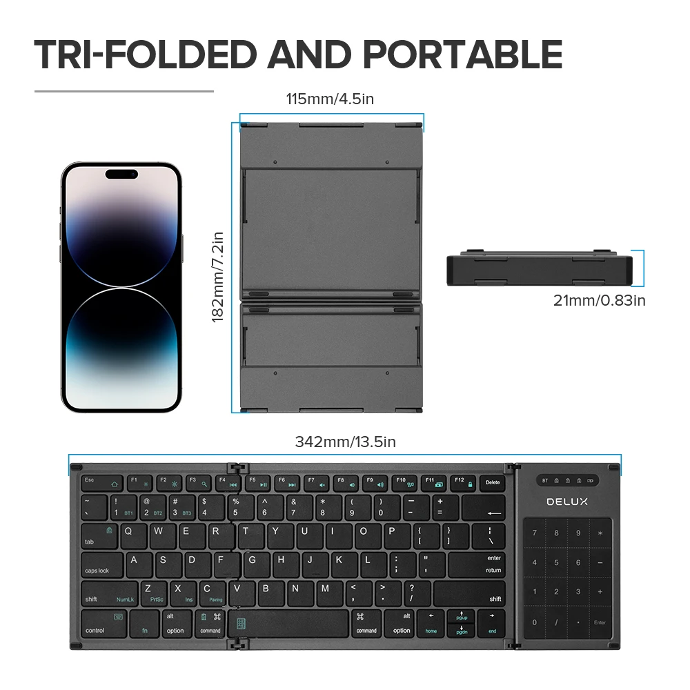 Imagem -05 - Delux-teclado Ultra-slim Dobrável sem Fio Bluetooth Tamanho Grande em Touchpad Suporte Multi Dispositivos