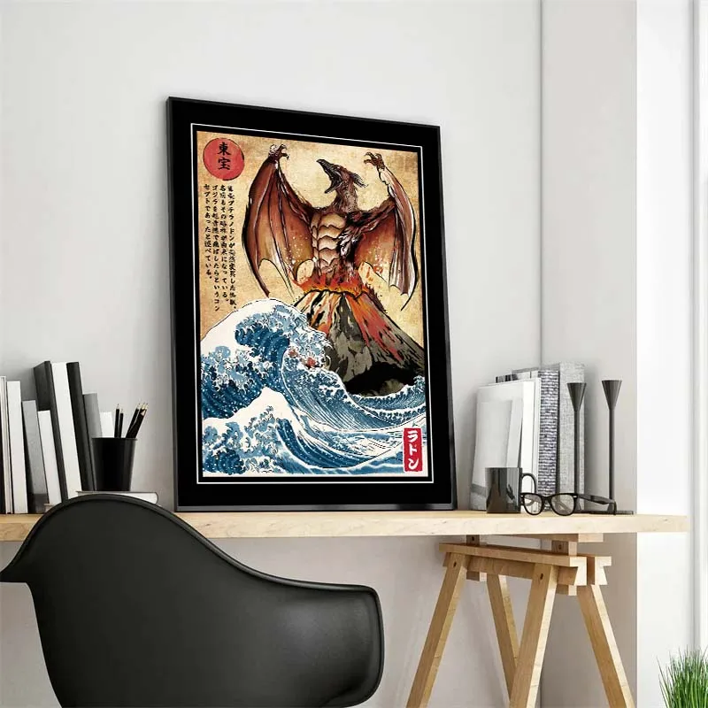 

Japanese Dinosaur Canvas Painting Anime The King of Terror Shark Poster Print Wall Art Picture for Living Room Home Decor