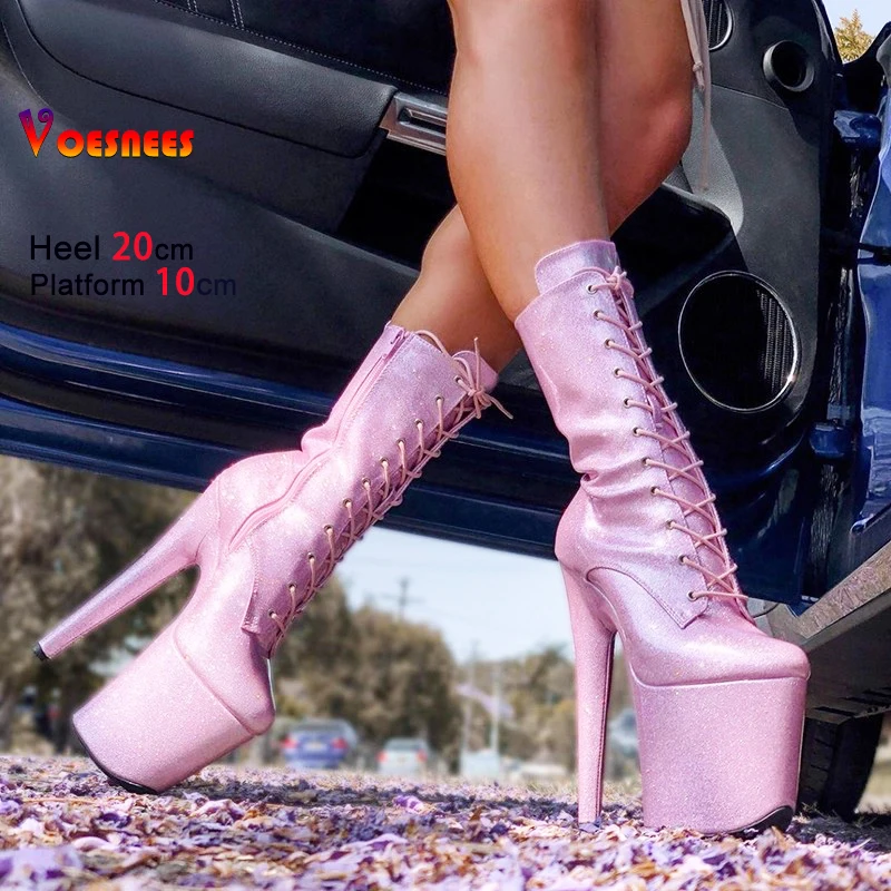 

Pink Patent leather Pole Dance Boots 20CM/8Inch Ultra high heels Club Platform Gladiator Women Shoes Exotic Glitter Short Boots