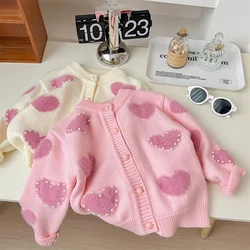 Children's Pink Heart Pearl Color Matching Knitted Cute Casual Sweater Cardigan Girl Spring and Autumn Jacket