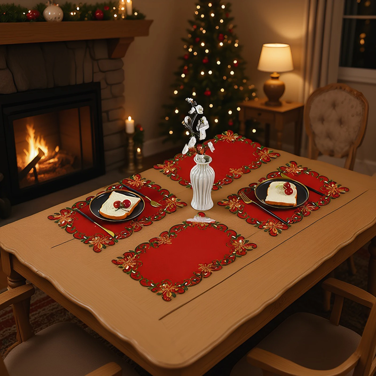 

4 шт., рождественские вышитые цветы, прямоугольные красные и зеленые салфетки, праздничный набор салфеток для вечеринки, кухни, обеденного украшения