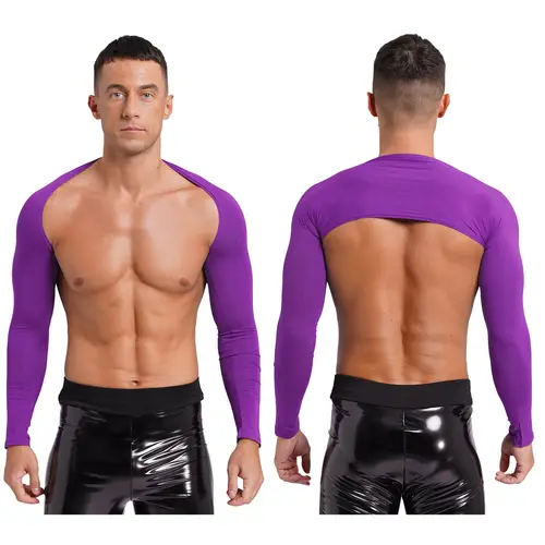 Men Open Front Half Crop Top Solid Long Sleeve Cardigan Bolero Shrug Tops Muscle Arm Sleeves Workout Sports Gym Tops Clubwear - Image 8