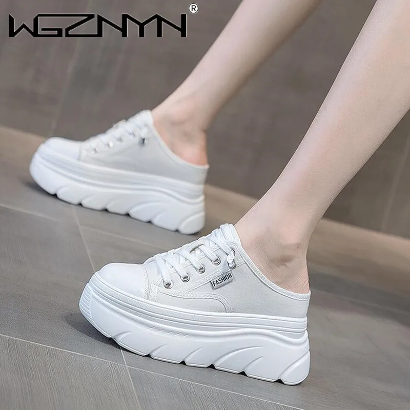 

9 см дизайнерские парусиновые женские летние кроссовки на танкетке из натуральной кожи, шлепанцы на платформе, сандалии без шнуровки, туфли на высоком каблуке