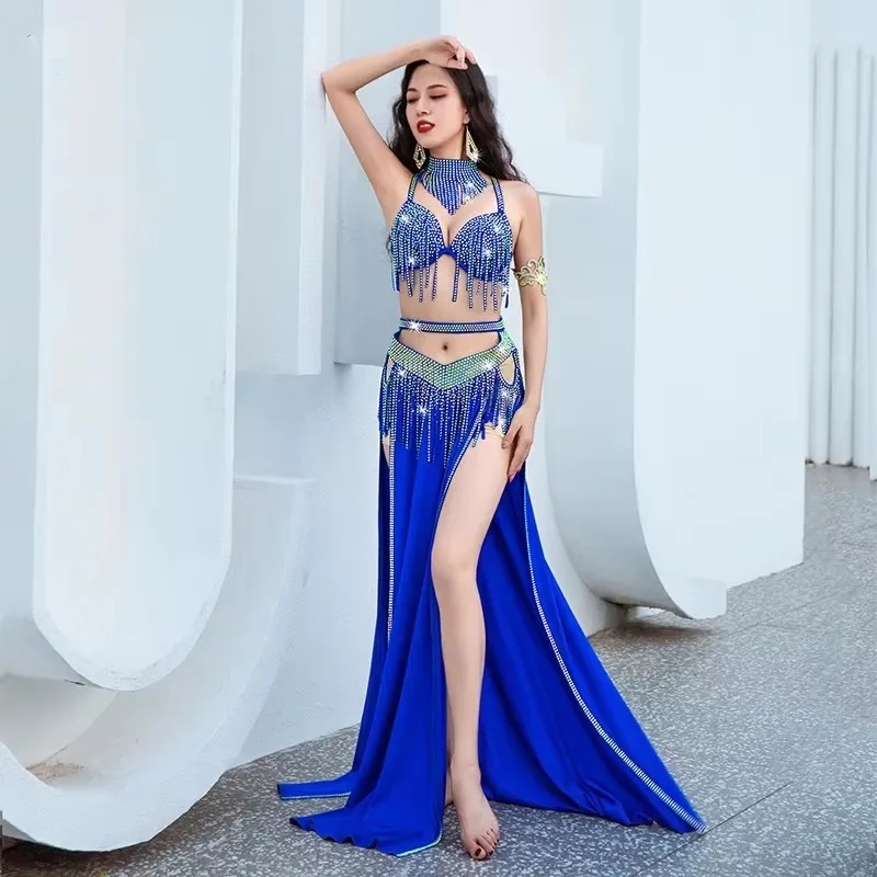 Egyptian Belly Dance Costume Set Rhinestone Sparkle Bra Belt Skirt Women Oriental Dance Outfit Group