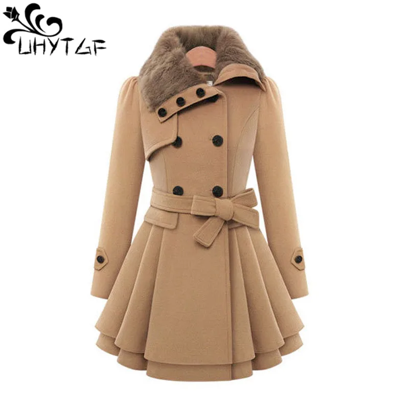 

UHYTGF Woman Clothing Wool Jacket Women Double-Breasted Autumn Winter Coat Female Fashion Fur Collar Casual Ladies Coat 5XL 2144