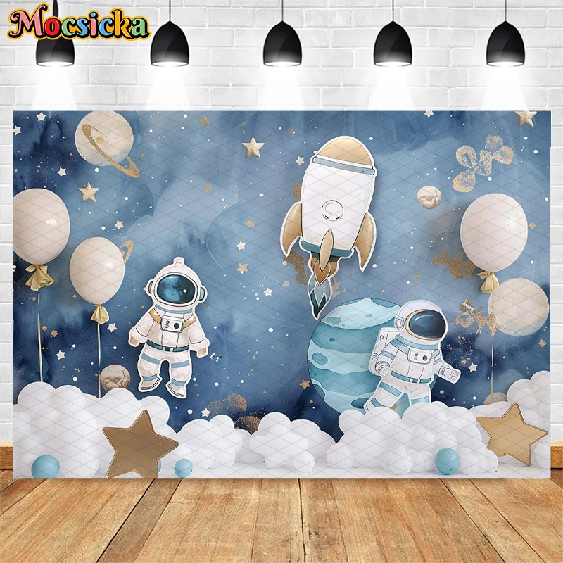 Mocsicka Photography Background Space Astronaut Galaxy Balloon Decor 1st Birthday Party Boy Cake Smash Backdrop Photo Studio