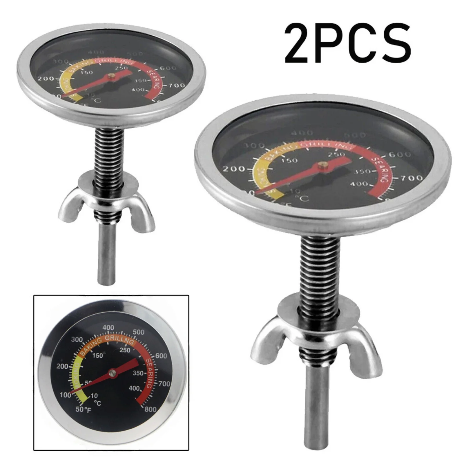 2 Pack Grill Oven Thermometer 50-800°F Temperature Gauge w/ Large Dial Gasket for BBQ Smoker Griddle Easy Mount Threaded Stem