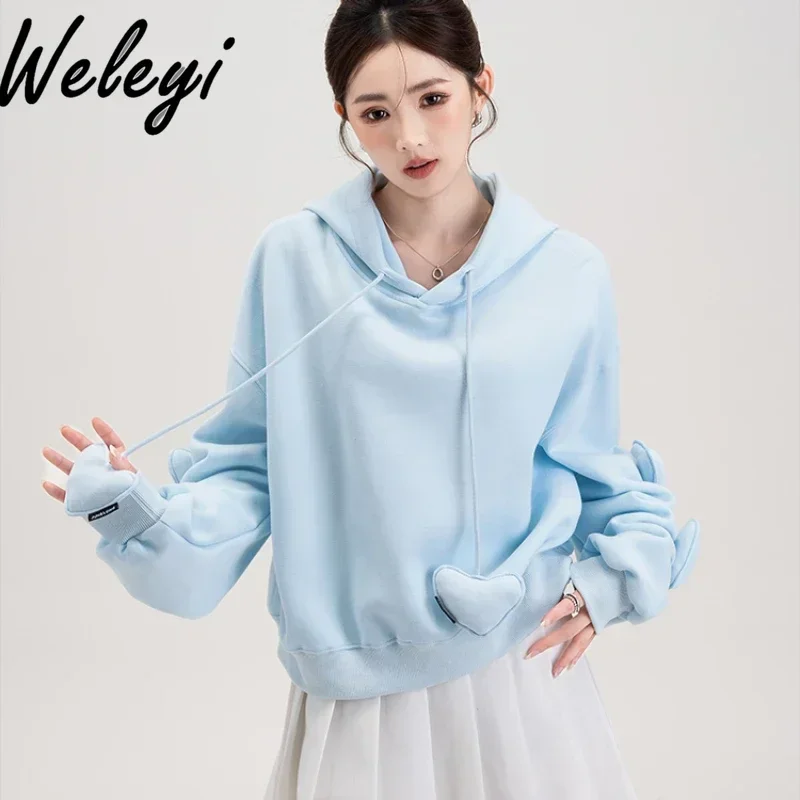 Sweet Light Blue Three-dimensional Love Drawstring Sweatshirt Ladies Streetwear 2024 Autumn New Women's Thin Hooded Hoodie Top