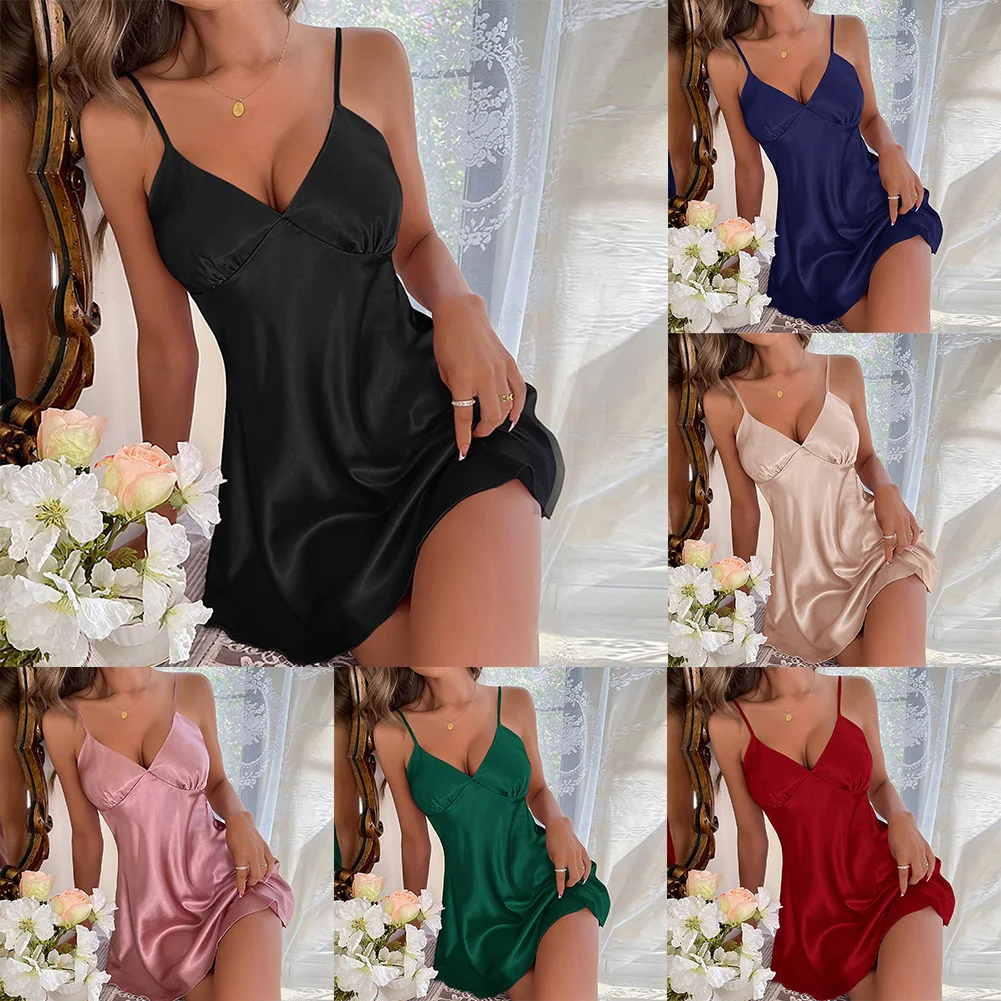 

Women Sexy Nightdress V Neck Spaghetti Nightgown Sleepwear Slim Strap Slip Dress Sleepwear Home Loungewear