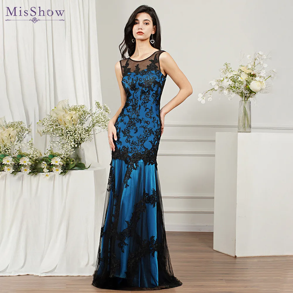 MisShow Ocean Blue Maxi Boho Dresses for Women Elegant Bohemian Black Lace Mermaid Evening Prom Dress for Party Vestido Largo