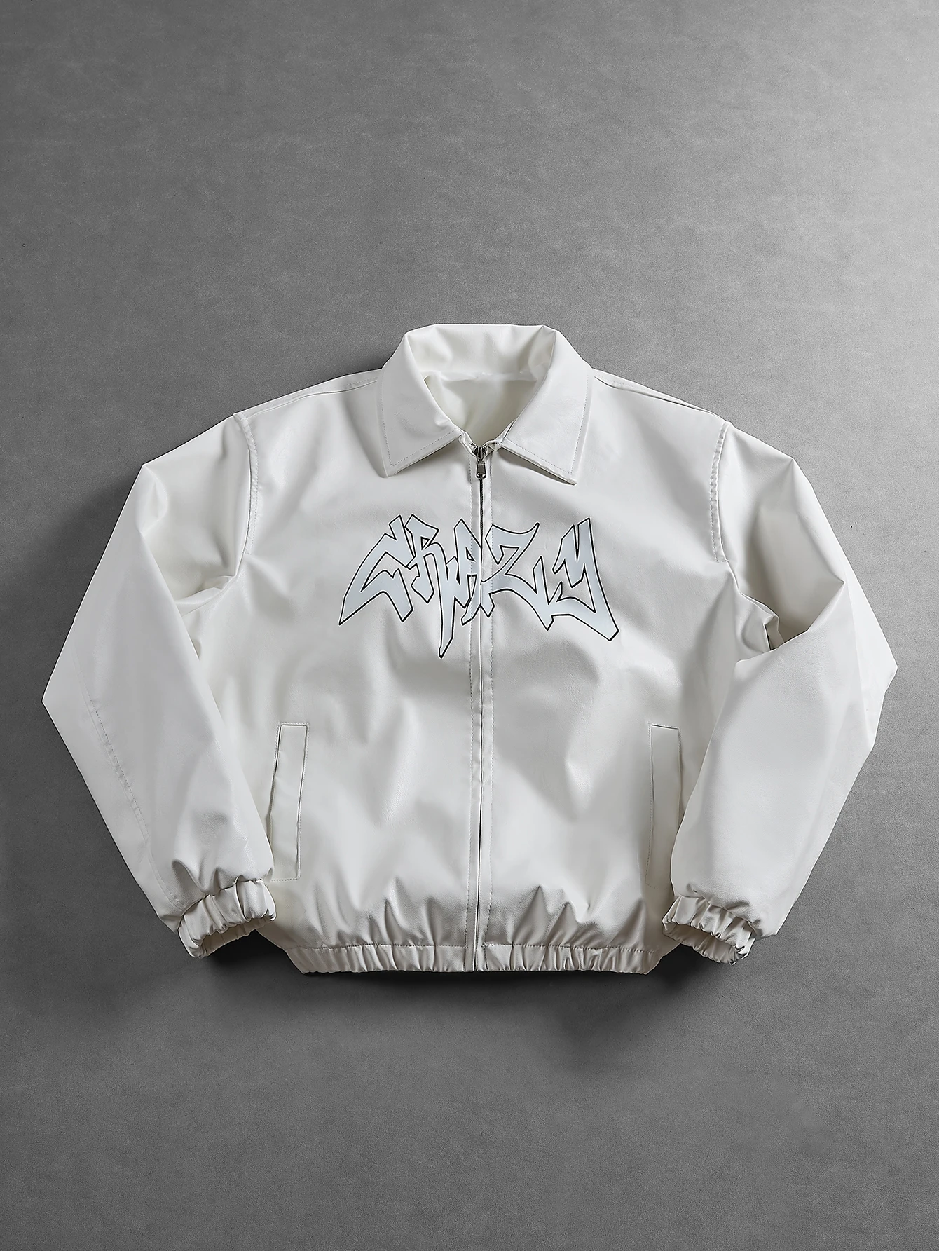 Men Lapel Jacket, Graffiti Letters on Chest, Full Zipper Placket, Side Insert Pockets, Elastic Cuffs and Hem, Loose Fit, Street Trend Versatile Casual Top