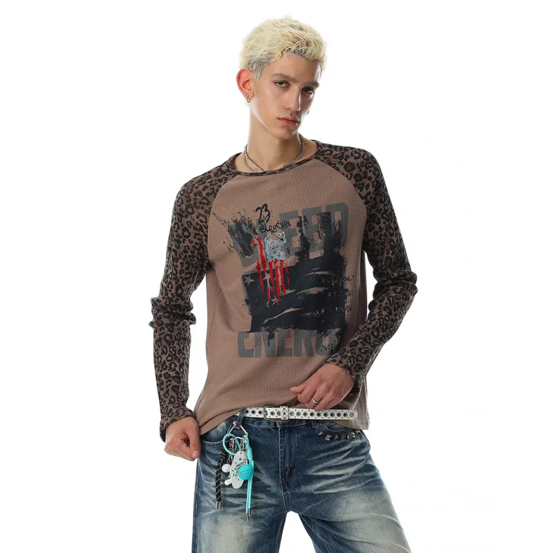 LUZHEN 2026 New Fashion Niche Pattern Printed Leopard Splicing Long Sleeve T-shirts Men Handsome High Quality Casual Tops JY7935