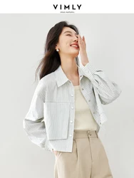 Vimly Cropped Casual Shirt Women 2024 Spring White Green Striped Cotton Blend Button Down Shirts & Blouses Womans Clothing M5076