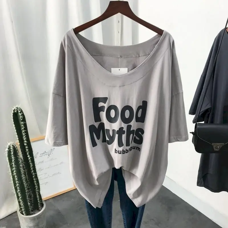 Summer Short-sleeved T-shirt Women Korean Style Fashion Trend Low Neckline Loose Large Size V-neck Collarbone Thin T Shirt Tops