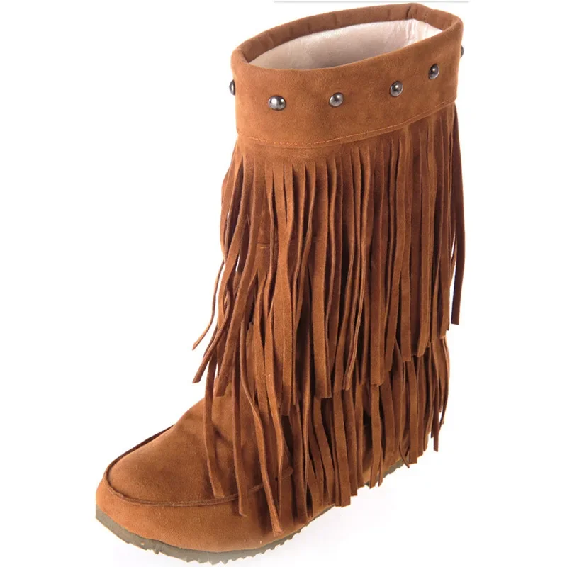 

【ENMAYER】 3 Layer Fringe Tassels Flat Heel Boots Round Toe Mid-Calf Snow Shoes Big Size34-43 Winter for Women