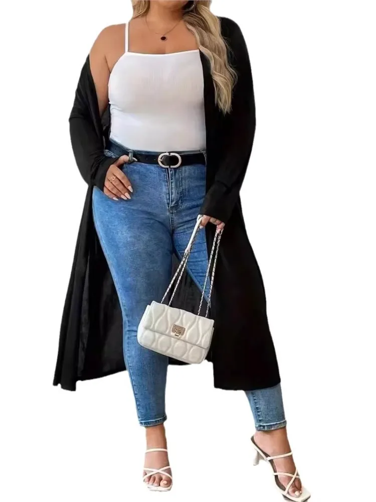 Casaco midi preto plissado de manga comprida feminino, decote em v, jaquetas soltas, moda casual, senhoras, plus size, outono