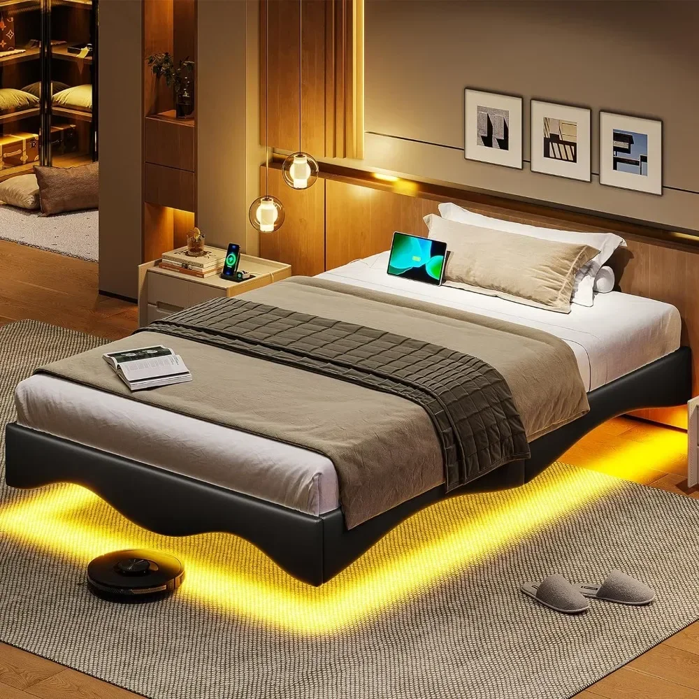 

Bed Frames, with Type-C & USB Port LED Lights, Modern Wavy Floating Metal Bed Frame, No Box Spring Needed, Bed Frames