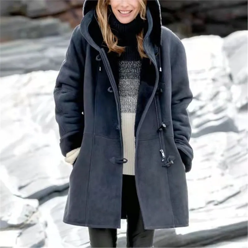 

2025 Winter Vintage Women Coat Warm Button Jackets Thick Fleece Hooded Long Jacket With Pocket Ladies Outwear Loose Top Trench