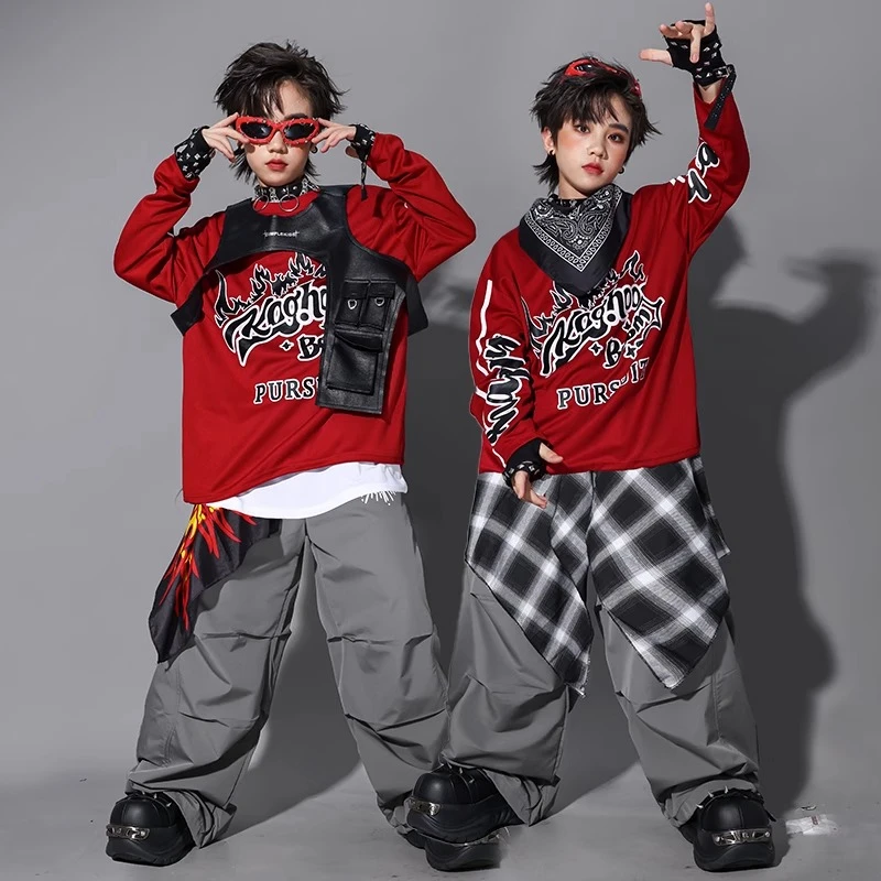 Ragazzi K-pop Felpa Gilet di moda Pantaloni larghi Costumi Hip Hop Cool Streetwear Abiti da ballo jazz Set Abiti da spettacolo teatrale di gruppo