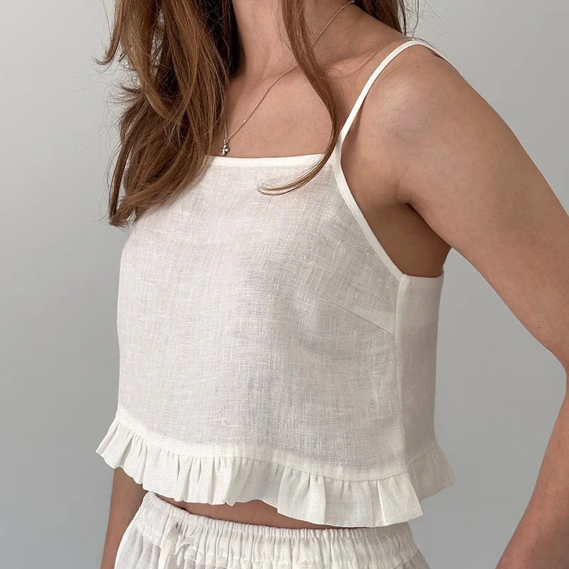 Women's Summer Casual Linen Cotton 2-Piece Set Korean Ruffles Camisole Top with Elastic Waist Shorts Homewear