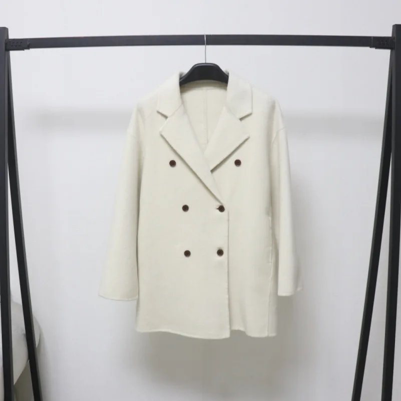 

Women's Autumn Winter Wool Double Breasted Long Sleeve Loose Wool Blazer Coat Lady Streetwear Solid Color Long Wool Suit Outwear