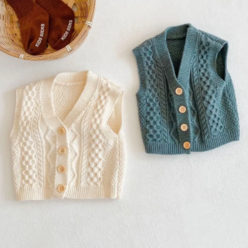 

2024 Unisex Baby Versatile Baby 0-2 Years Old Cardigan Cotton Yarn Knitted Sweater Diamond Vest Jacket Baby Girl Winter