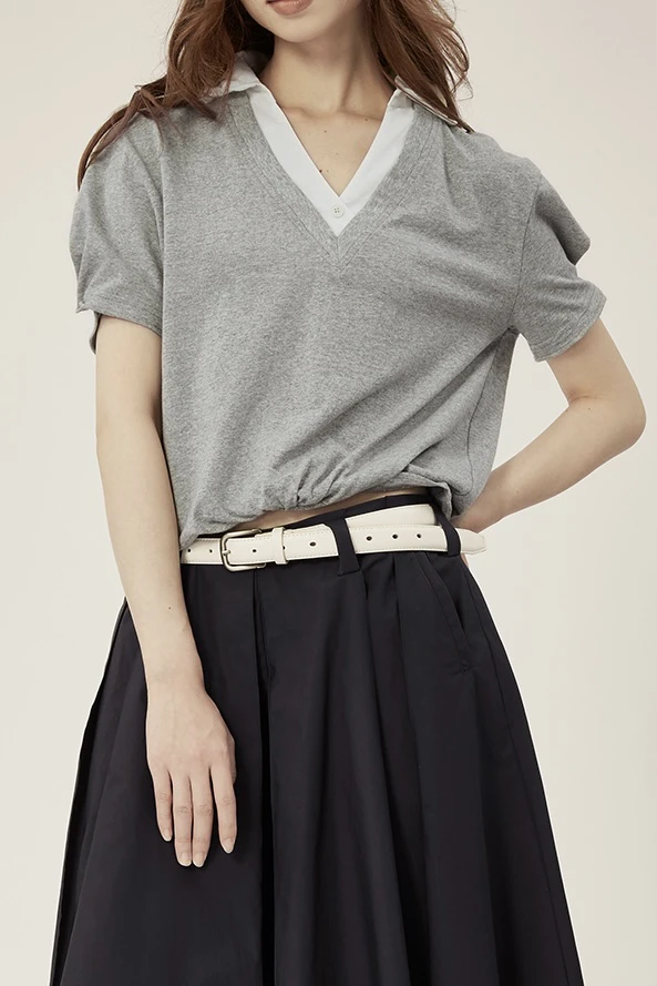 

Overthsea Pure Cotton V-Ne T-irt Fake Two-Piece Sle Commute Faion Loose Fit ort Sve Henry irt Collar Summer Wear