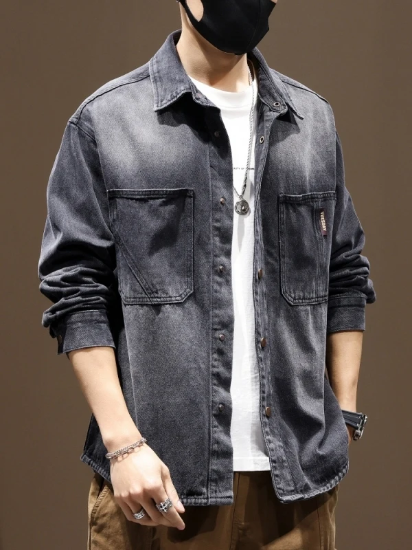 American Retro Men's Denim Shirt Loose Workwear Jacket Spring Autumn Trendy Brand Casual Outerwear Long Sleeve Button up