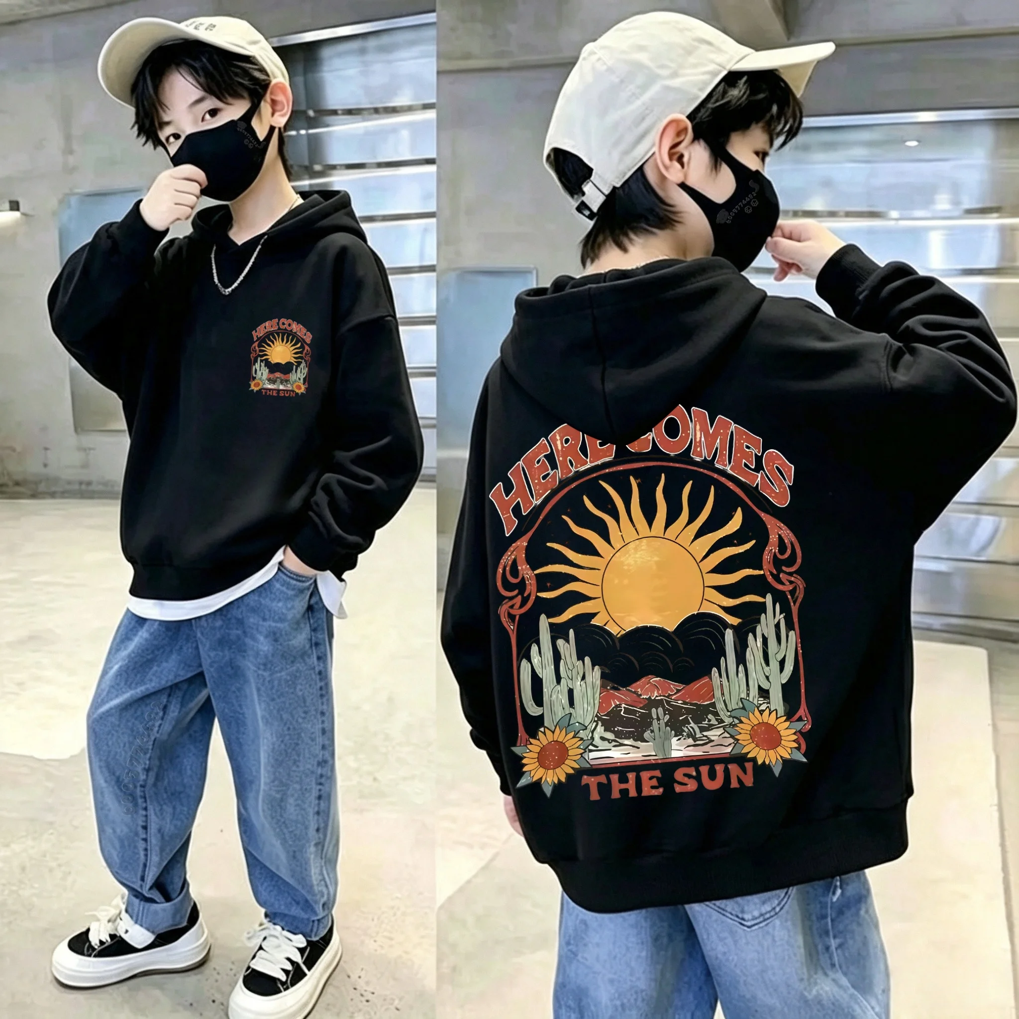 Kids Sun Cactus Vintage Print Fleece Hoodie,Warm Breathable Loose Casual Pullover Sweatshirt, Boys Girls Long Sleeve Hooded Tops