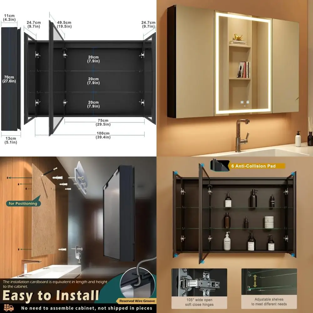 

Dimmable LED-Illuminated 3-Door Medicine Cabinet with USB Ports and Makeup Mirror, Wall-Mounted, 40x28