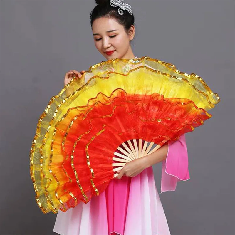 3/4/5/6 Layers Large Silk Flower Dancing Hand Fan Foldable Handmade Chinese Fan Dancing Club Stage Performance Props Decor