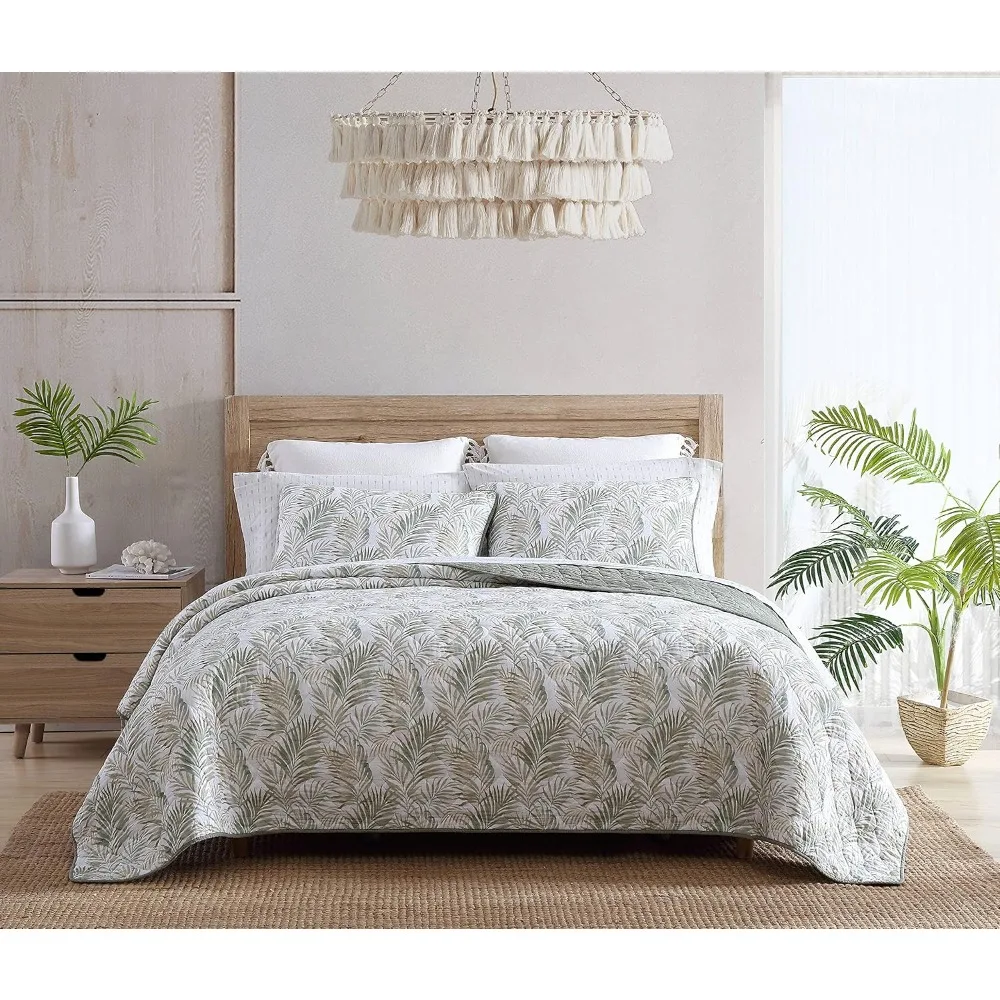 

Комплект двойного одеяла, двустороннее хлопковое постельное белье с подходящим кромкой, всесезонный домашний декор (Maui Palm Green, Twin)