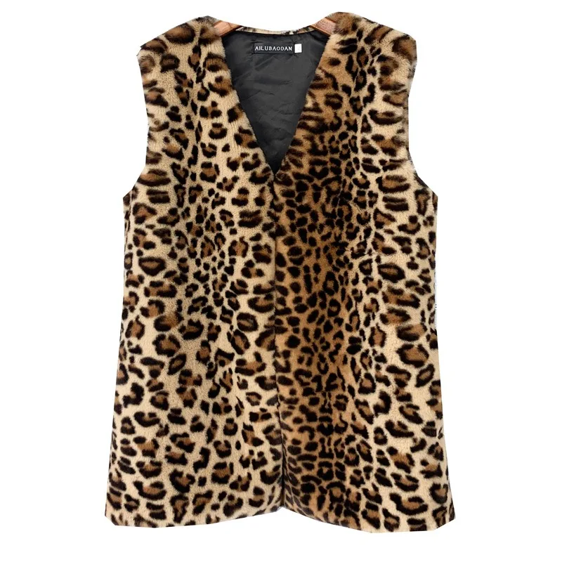 Women's Faux Mink Fur Leopard Print Winter Mid-length Faux Fur Waistcoat Warm Vest Waistcoat Outerwear Soft Women Jacket