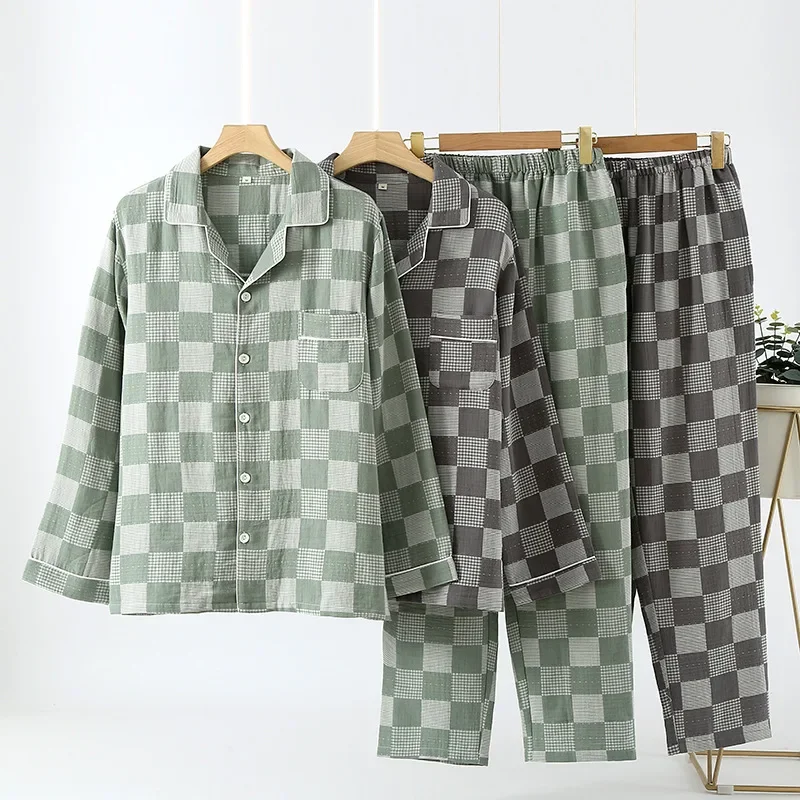 

Men's Minimalist Plaid Pure Cotton Double-layer Gauze Pajamas for Spring Long Sleeved Home Clothing Elastic Waist Trousers 2 Pcs