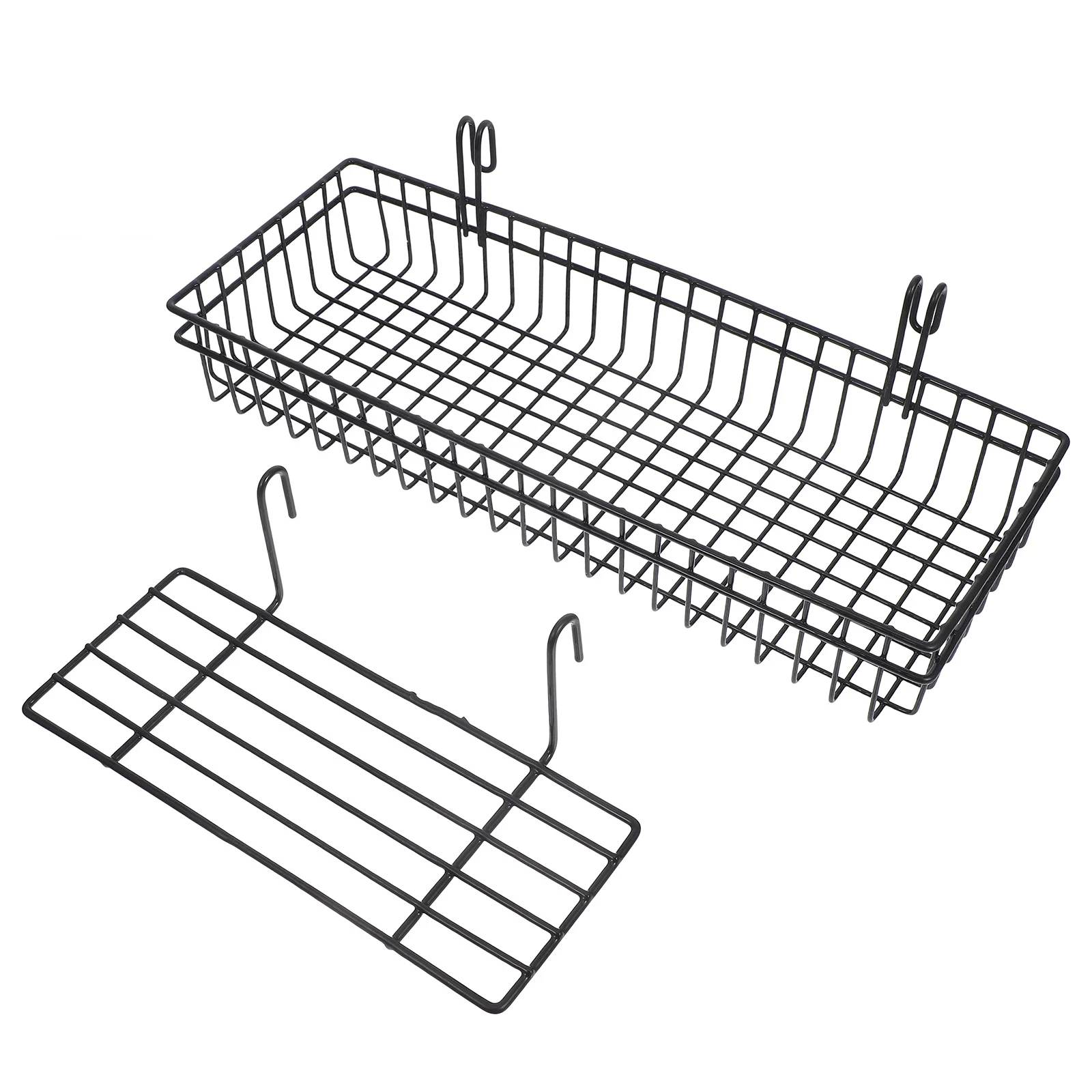 

2Pcs Wall Mounted Grid Basket Hooks Metal Wire Organizer Black Wire Mesh Shelf Kitchen Living Room Office Storage