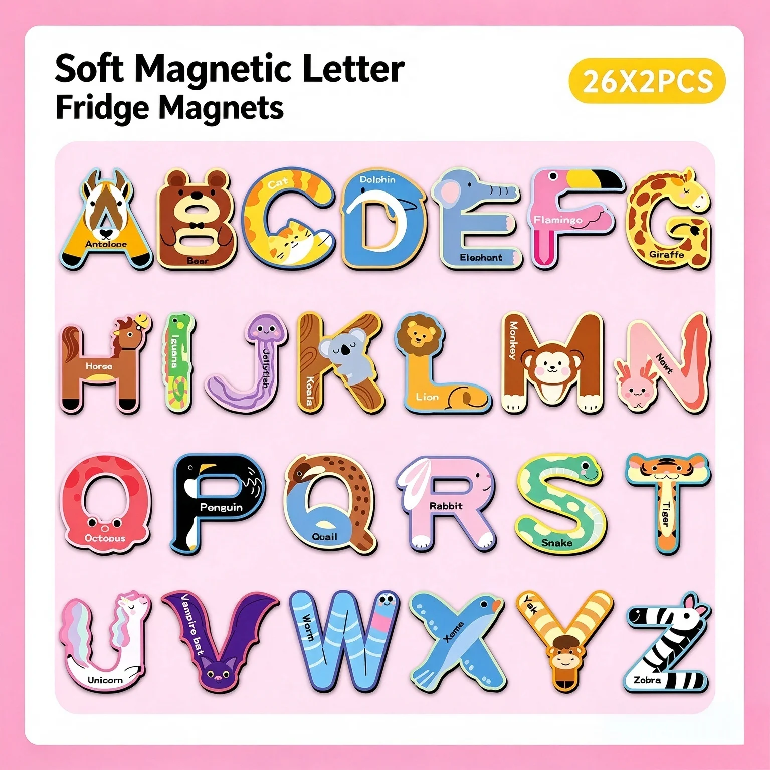 52 Pieces Cartoon Animal Alphabet Magnetic Fridge Magnets, Kids Early Education Cognitive Learning Educational Toy
