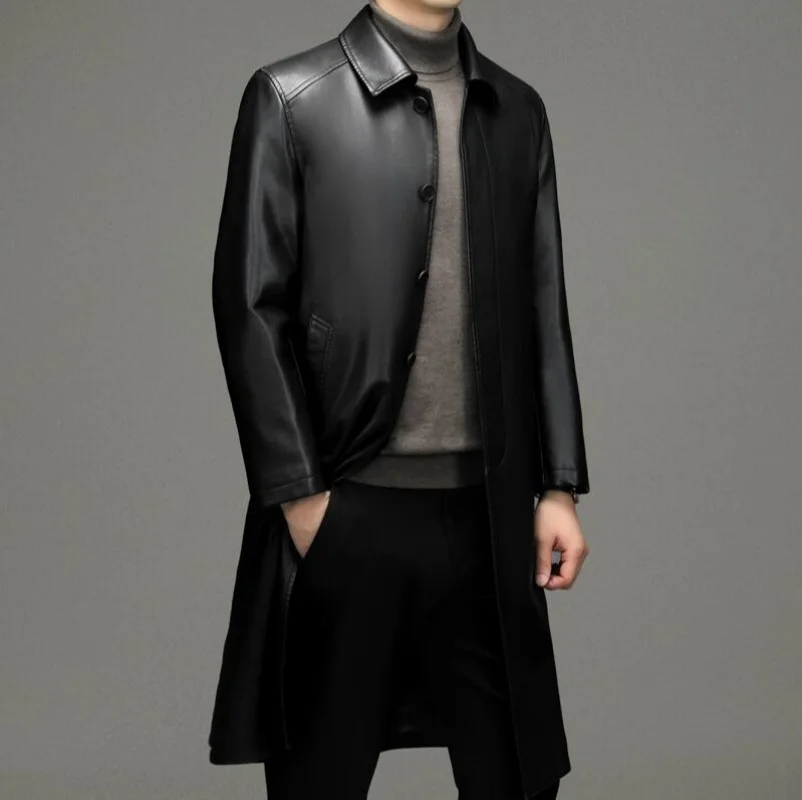 

Autumn Winter Men Genuine Leather Coats, Sheepskin Trench, Dust Coat, Lapels Jacket, long Business Casual, M-4XL