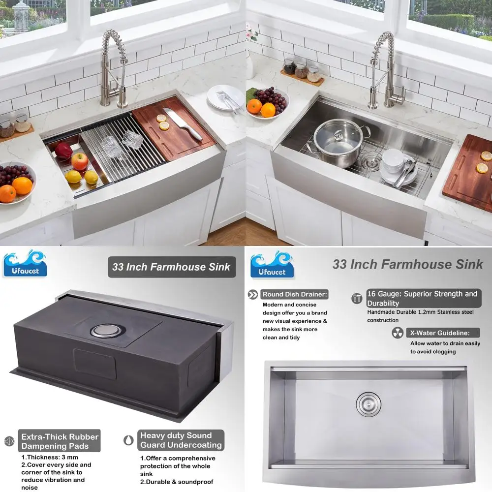 

33 Single Bowl Stainless Steel Farmhouse Kitchen Sink - 9 Deep, 16 Gauge, Handmade Apron Style Undermount