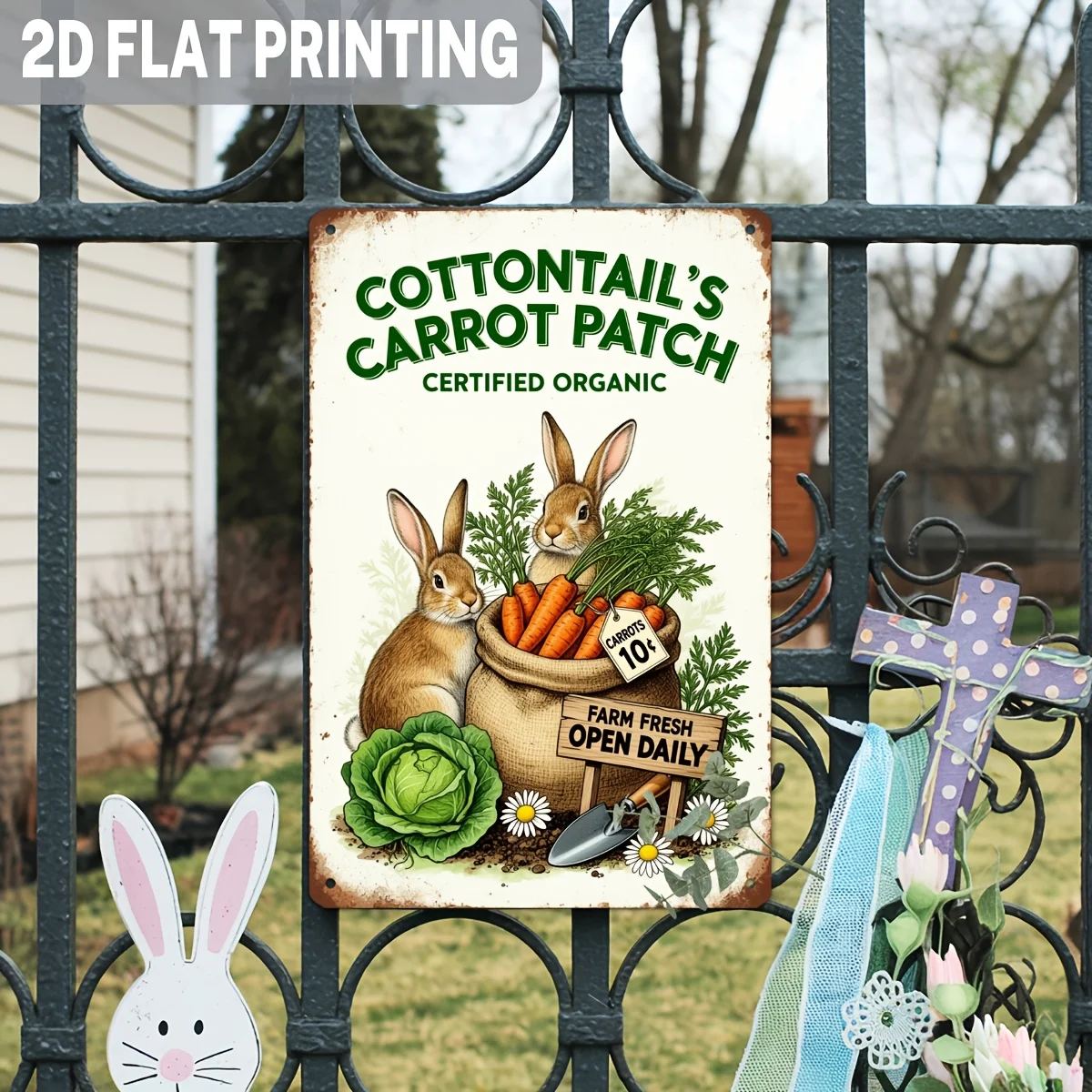 2D Flat - 1pc 2D Flat Cottontail'S Carrot Patch Metal Tin Sign | Retro Bunny Rabbit Sign for Home Kitchen Garden Farmhouse Cafes