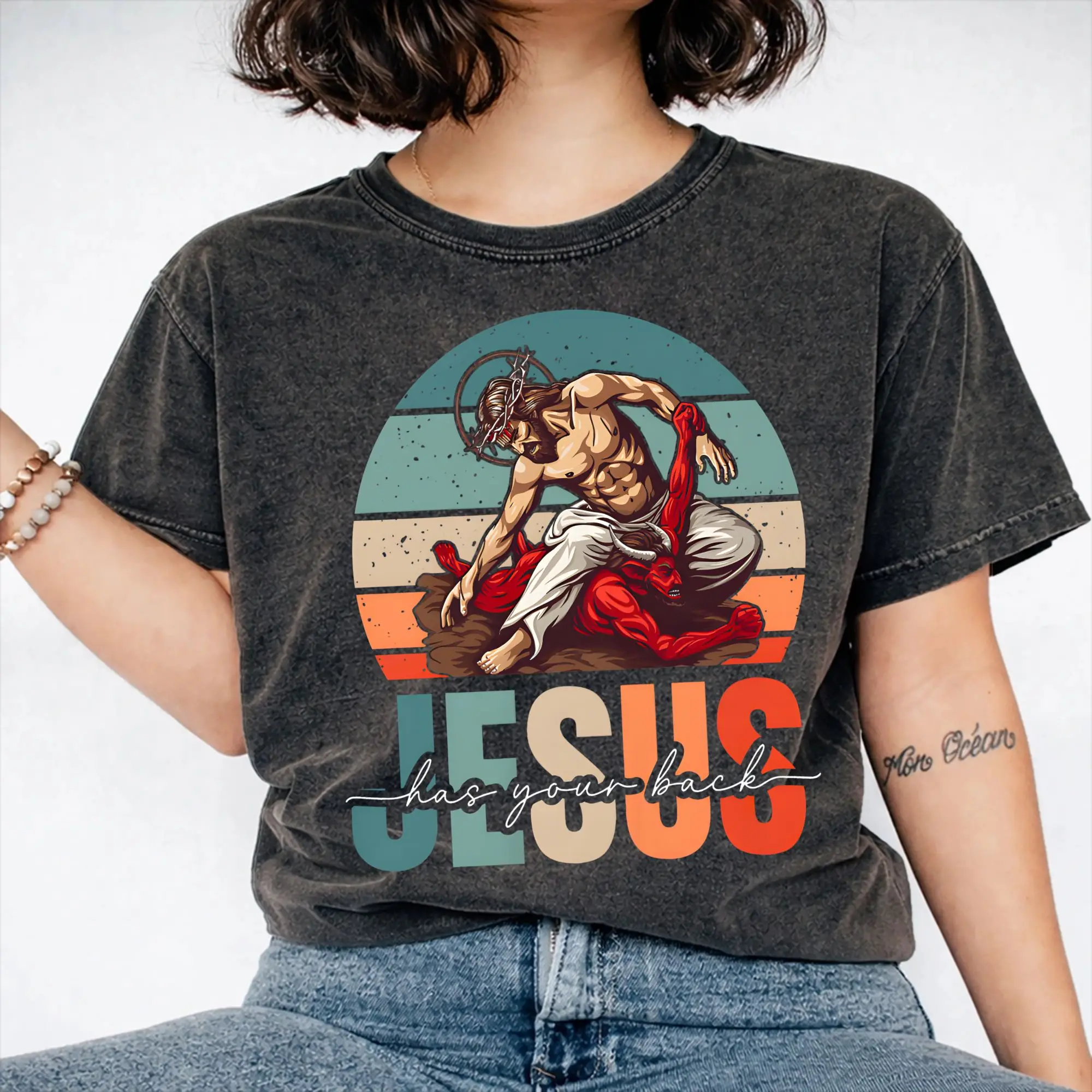 Harajuku Washed Shirts Jesus Has Your Back Jiu Jitsu Outfit Vintage T-Shirts Oversize Streetwear Baumwoll-Grafik-T-Shirts