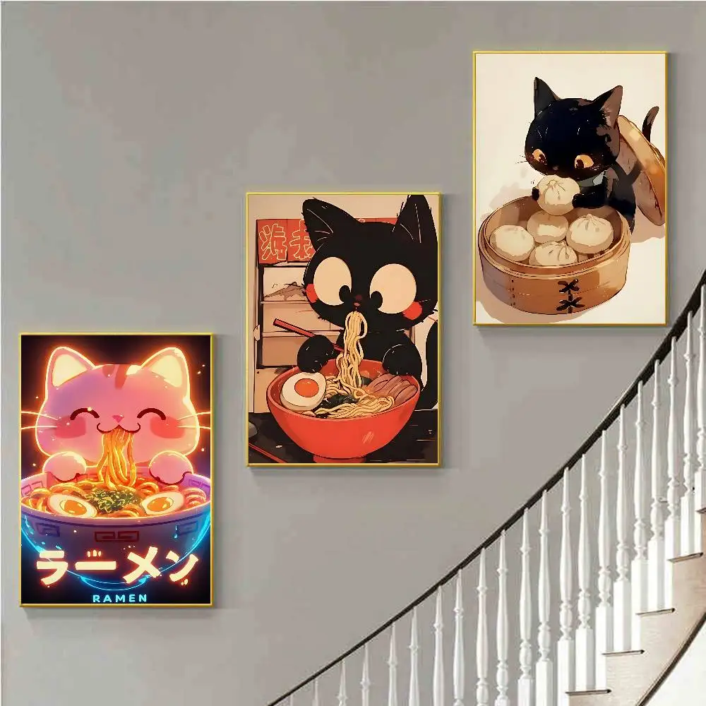 Pósteres Vintage de gato japonés Eat Ramen Sushi Maneki Neko, carteles de Anime adhesivos de calidad HD, arte de pared, carteles Retro, decoración de habitación Kawaii para el hogar