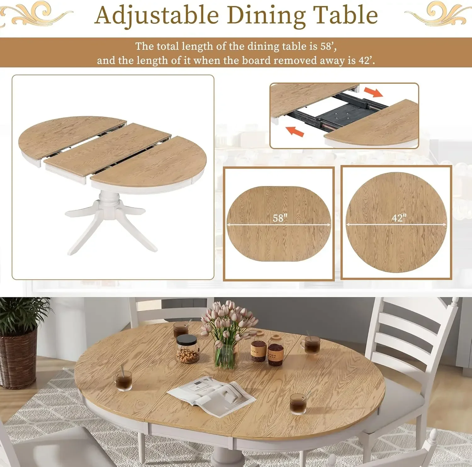 Solid Wood Extendable Round Dining Table Set with Chairs of 4,5 Piece Round Kitchen Dining Room Table Set with Extendable Table
