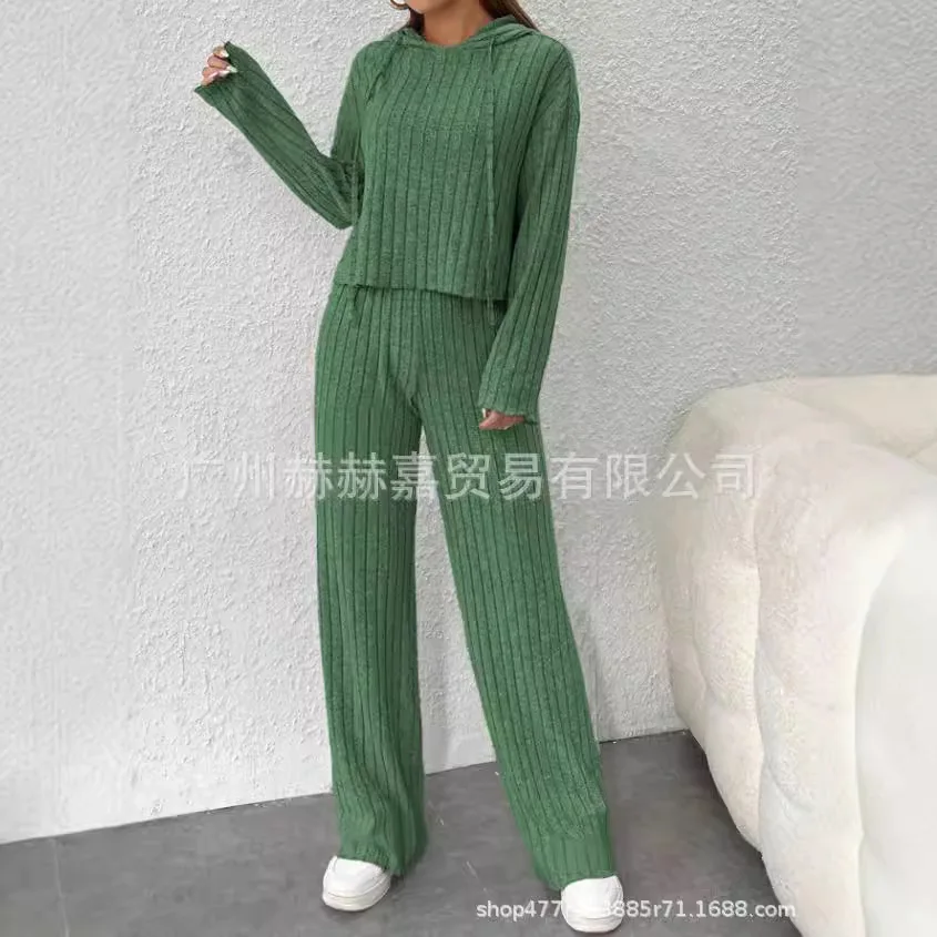 Mulheres conjuntos de duas peças calça conjunto em torno do pescoço manga cheia hoodies malha topos cintura elástica perna larga calças compridas solto casual