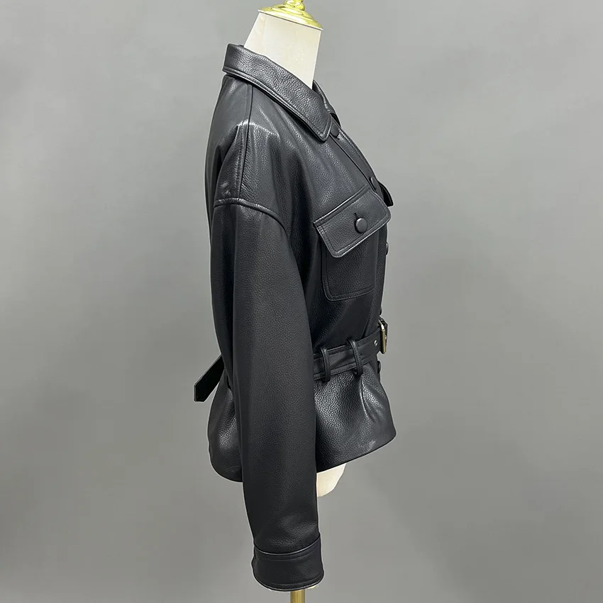 JANEFUR Cappotto primaverile da donna Elegante giacca da donna in vera pelle Cintura con risvolto Pelle di pecora Nero Office Lady JFB6-25006