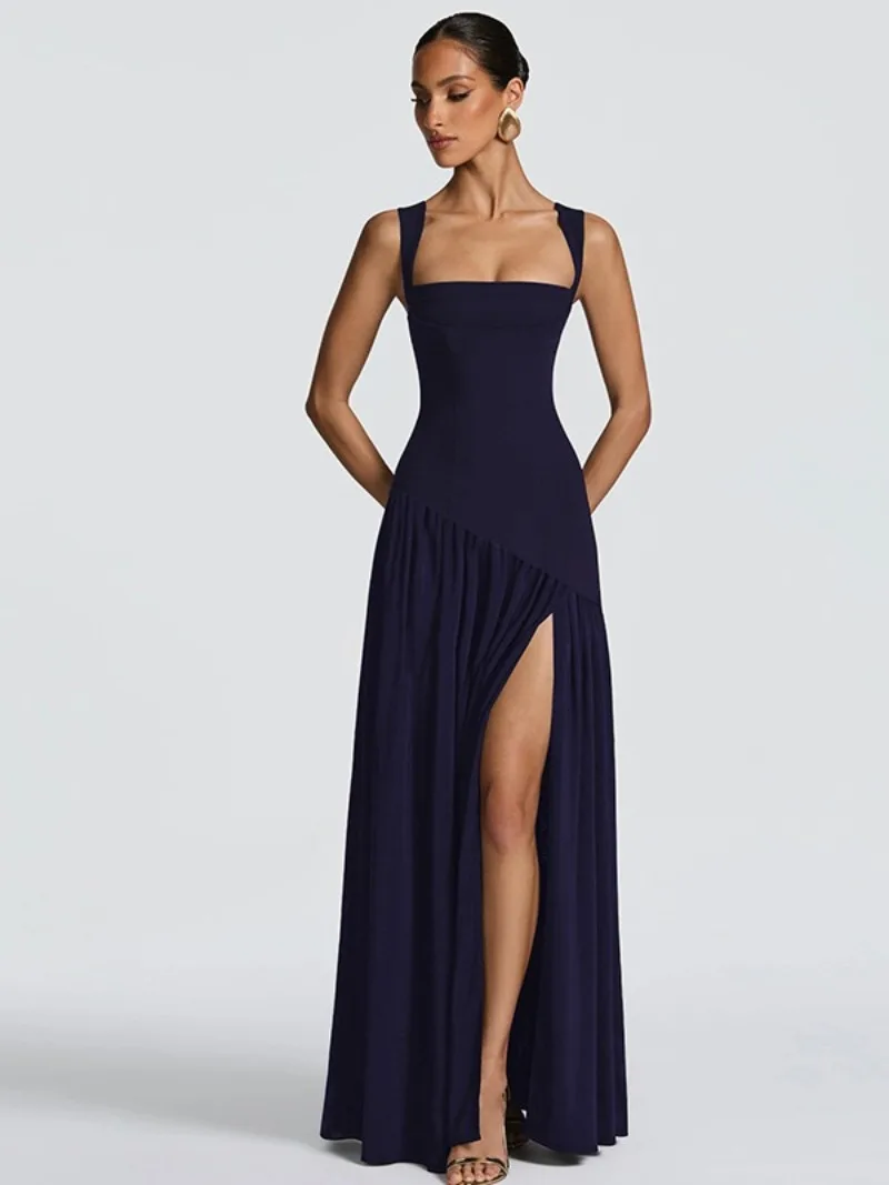 FDYOUI Chic Sleeveless Solid Cocktail Dress for Women Spaghetti Strap Bandage High Slit Long Gown Formal Occasion Prom Dresses