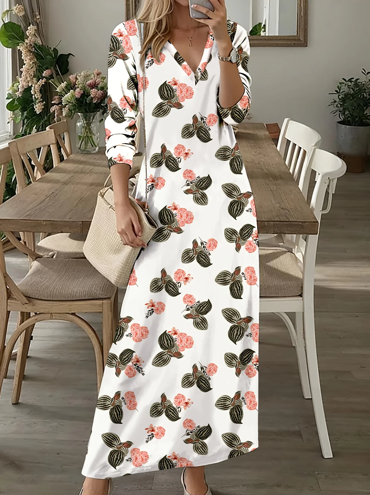 

Floral Leaves Pink White Pattern Printed Design elegant style long-sleeved dress