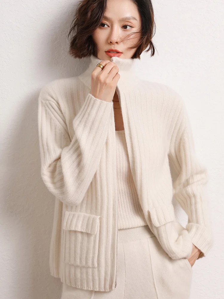 Long Sleeve Cardigan  New Fashion Women Sweater 100% Pure Cashmere Tops Half High Collar Jerseys Thick Autumn Winter Knitwear