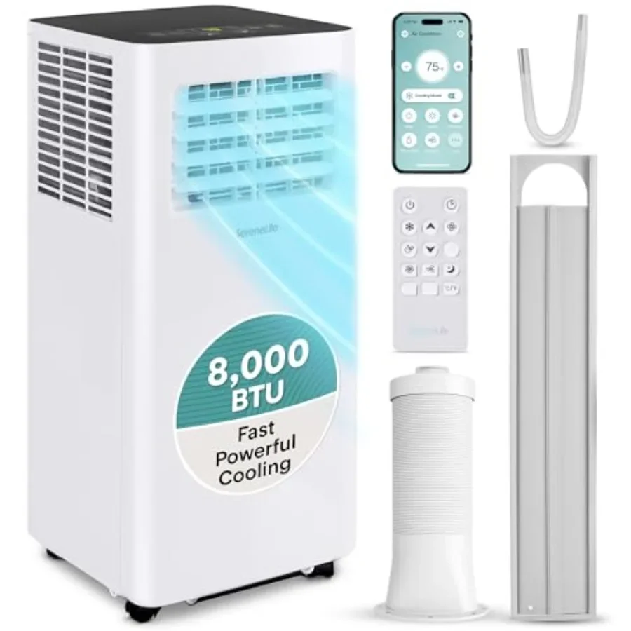 Portable AC unit for rooms up to 350 sq ft, plastic housing, white, 8, 000 BTU with built-in dehumidifier, WiFi app and remote